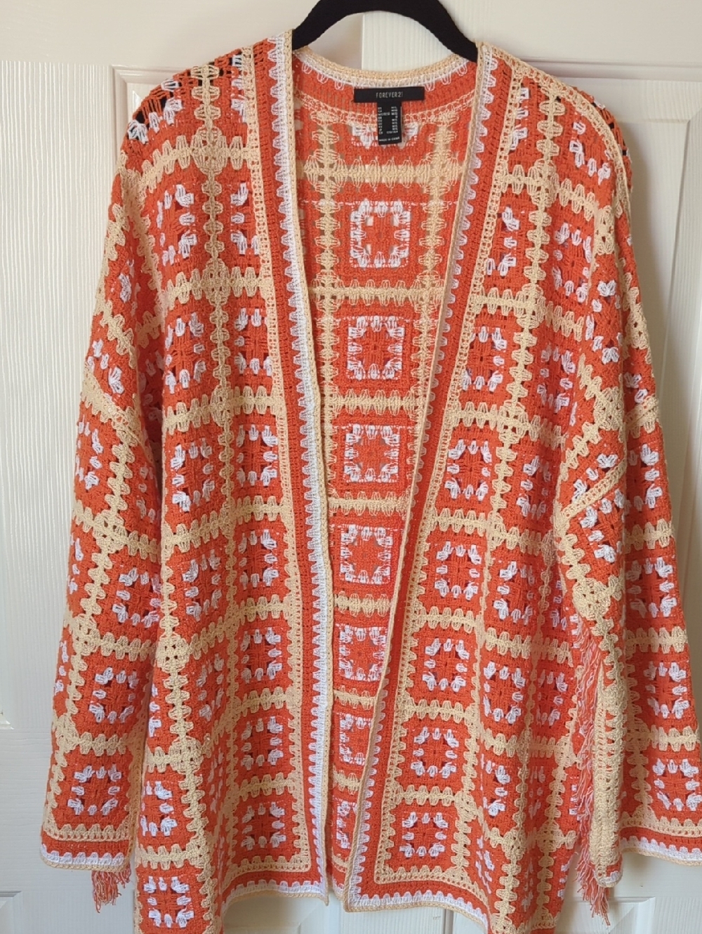 Forever 21 Orange Crochet Open-Front Vest with Cream Trim